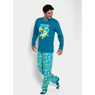 Pijama Manga Longa Algodão Masculino Dino Astronauta