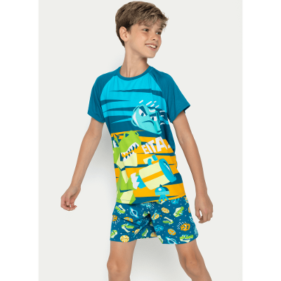 Pijama Manga Curta Viscolycra Menino Teen Dino Astronauta