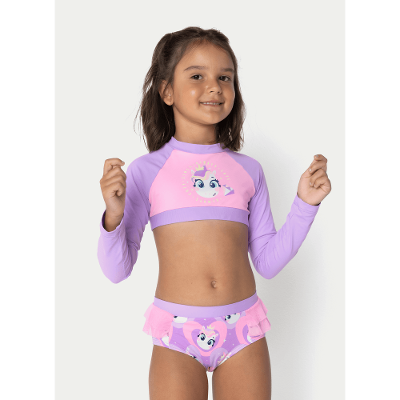 Conjunto Cropped e Calcinha com Proteção Solar Menina Unicórnio Diamante