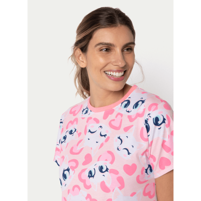 Camisola Manga Curta Algodão Feminina Gata Cereja