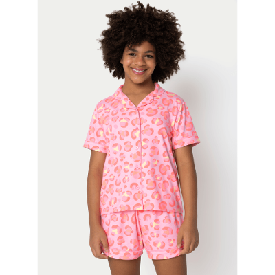 Pijama Manga Curta Viscose Menina Teen Gata Cereja