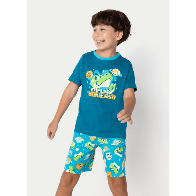 Pijama Manga Curta Algodão Menino Dino Astronauta