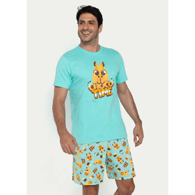 Pijama Manga Curta Algodão Masculino Capivara Chocolate