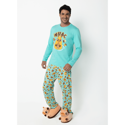 Pijama Manga Longa Algodão Masculino Capivara Chocolate