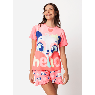 Pijama Manga Curta Viscolycra Feminino Panda Romântico