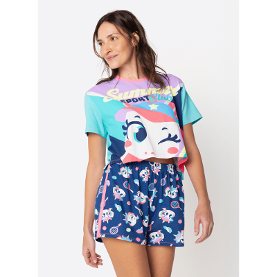 Pijama Manga Curta Viscolycra Feminino Unicórnio Tênis