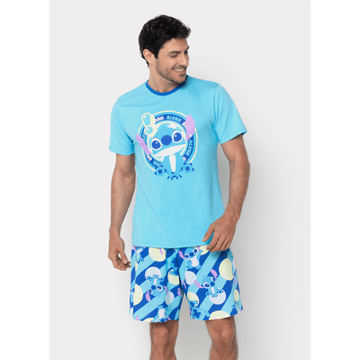 Pijama Manga Curta Algodão Masculino Stitch