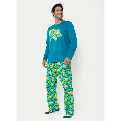 Pijama Manga Longa Algodão Masculino Dino