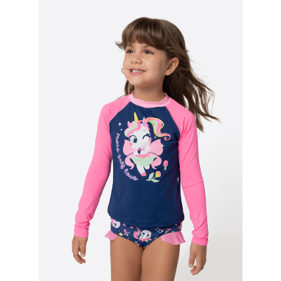 Conjunto Camiseta e Calcinha Menina Com Proteção Solar Unicórnio