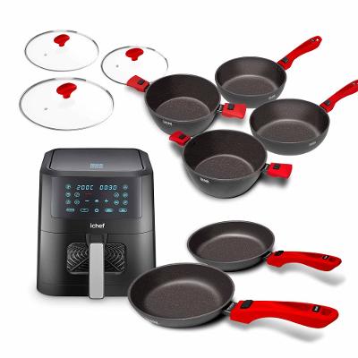 Super Combo Ichef Ultra 6 Panelas com 3 Tampas Vermelha e Airfryer Ichef Smart Vision 6L