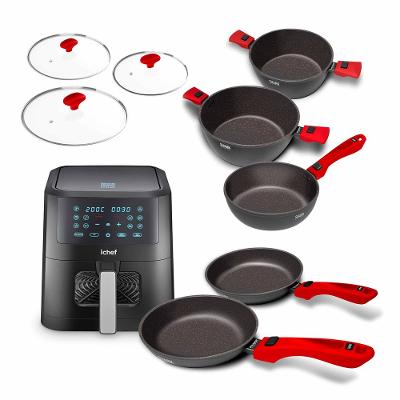 Super Combo Ichef Ultra 5 Panelas com 3 Tampas Vermelha e Ichef Airfryer Vision Smart 6L