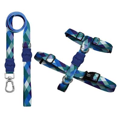 Kit Guia Premium + Peitoral H Dog Trip Brasil Quadriculada Azul para Cães - Tam. P