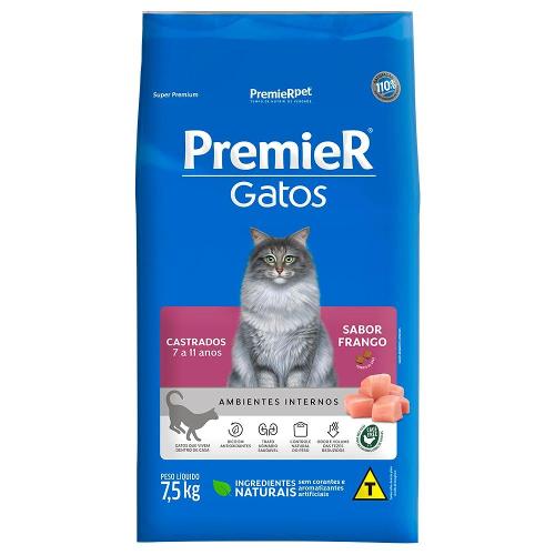 Ração Seca Premier Pet Ambientes Internos Frango 7 a 11 Anos para Gatos Castrados- 7,5 Kg