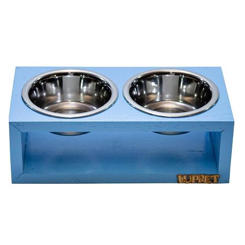 Comedouro Duplo Madeira Azul para Cães e Gatos - Tam. Único