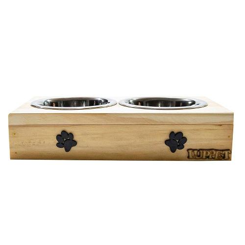 Comedouro Duplo Madeira Natural Patinhas para Cães e Gatos - Tam. Único