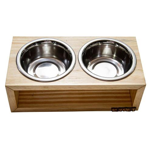 Comedouro Duplo Madeira Natural para Cães e Gatos - Tam. Único