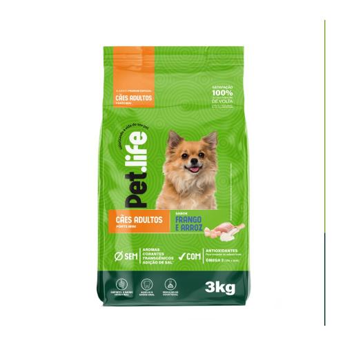 Ração Seca Pet.life Frango e Arroz para Cães Adultos Porte Mini - 3 Kg