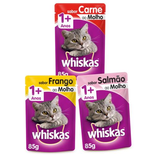 Kit Whiskas Sachê Gatos Adultos  Carne + Frango + Salmão - 12 Unidades