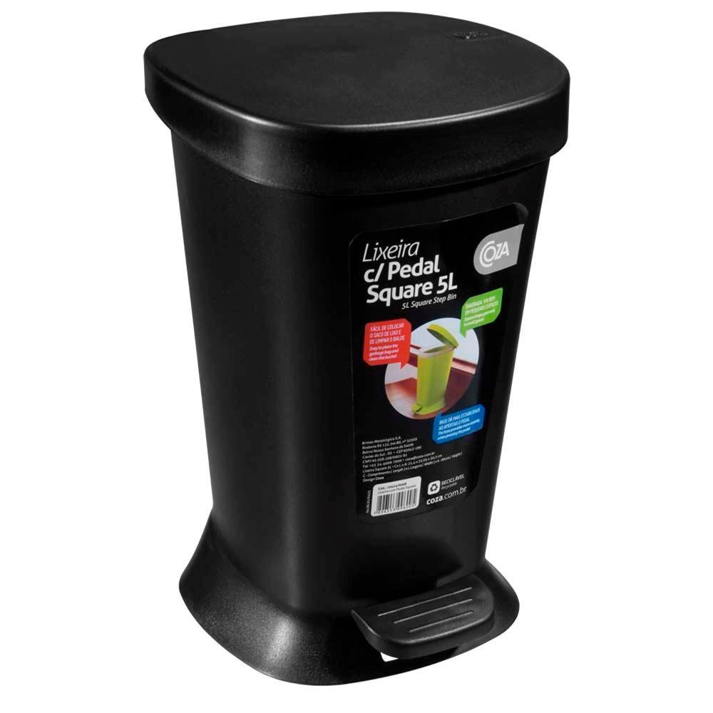 Lixeira Coza com Pedal Square em Polipropileno 5L - Preto - 1