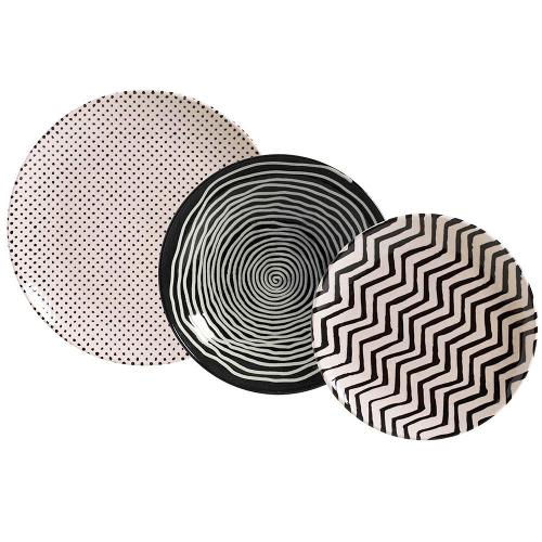 Aparelho de Jantar 18 Peças Porto Brasil Coup Chevron em Cerâmica Feldspática - Branco/Preto