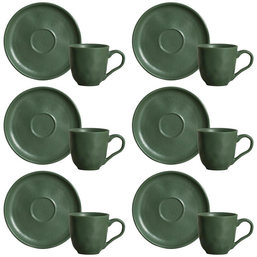 Conjunto com 6 Xícaras e Pires para Café Porto Brasil Bio Leaf em Stoneware Verde - 120 ml - 1