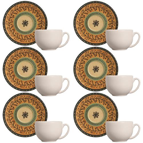 Conjunto com 6 Xícaras e Pires para Chá Porto Brasil Coup Oliva em Cerâmica Feldspática Off-White – 260 ml