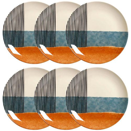 Conjunto com 6 Pratos Rasos Porto Brasil Coup Abstrata em Cerâmica Feldspática 27,5cm – Off-White