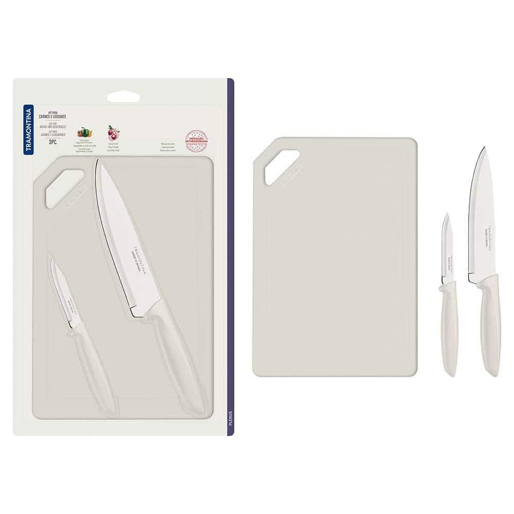 Conjunto de Facas e Tábua de Corte Tramontina Plenus em Aço Inoxidável - Off-White - 3 Peças - 1