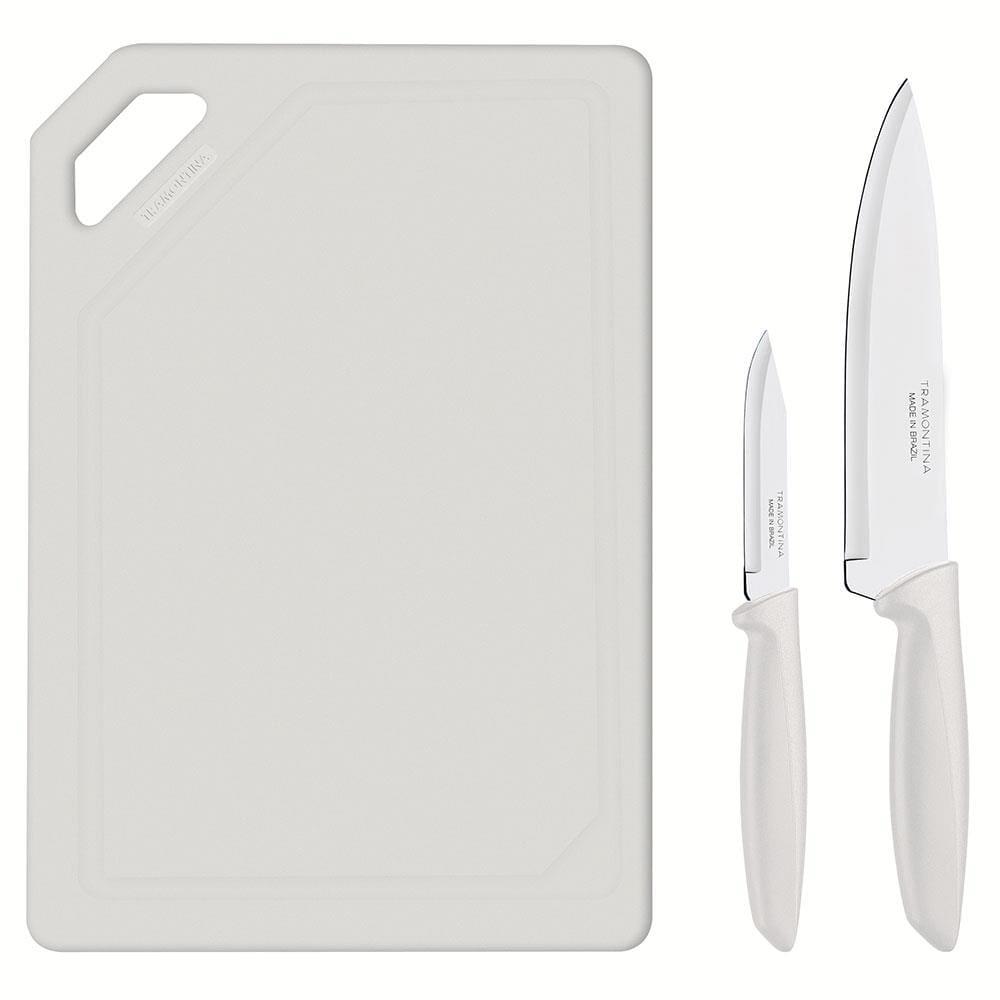 Conjunto de Facas e Tábua de Corte Tramontina Plenus em Aço Inoxidável - Off-White - 3 Peças - 2