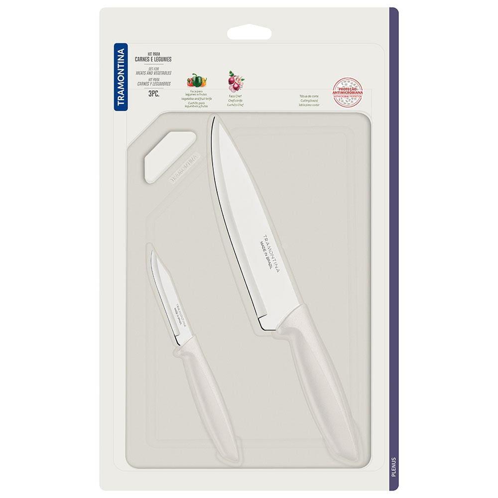 Conjunto de Facas e Tábua de Corte Tramontina Plenus em Aço Inoxidável - Off-White - 3 Peças - 3