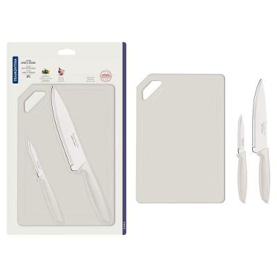 Conjunto de Facas e Tábua de Corte Tramontina Plenus em Aço Inoxidável - Off-White - 3 Peças