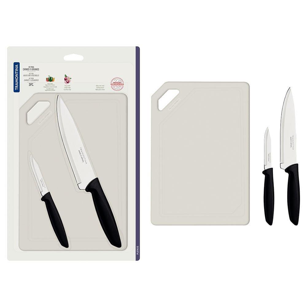 Conjunto de Facas e Tábua de Corte Tramontina Plenus em Aço Inoxidável - Preto - 3 Peças - 1