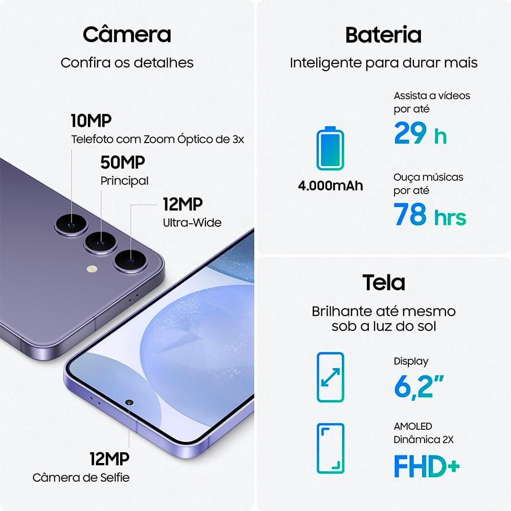 Smartphone Samsung Galaxy S24 5G Violeta 256GB, Tela 6.2", 8GB RAM, Inteligência Artificial, IP68, Processador Exynos 2400, Câmera Tripla Traseira - 8