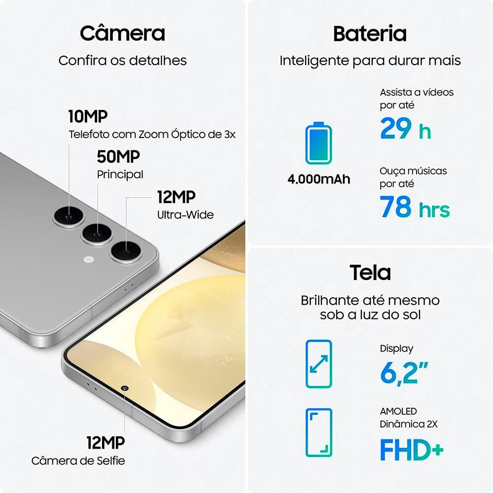 Smartphone Samsung Galaxy S24 5G Cinza 256GB, Tela 6.2", 8GB RAM, Inteligência Artificial, IP68, Processador Exynos 2400, Câmera Tripla Traseira - 8