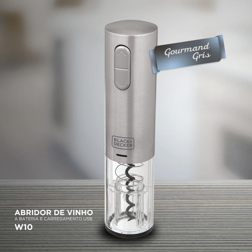 Abridor de Vinho à Bateria Black Decker Gourmand Gris W10, Saca Rolhas com Carregamento USB - Inox - 6