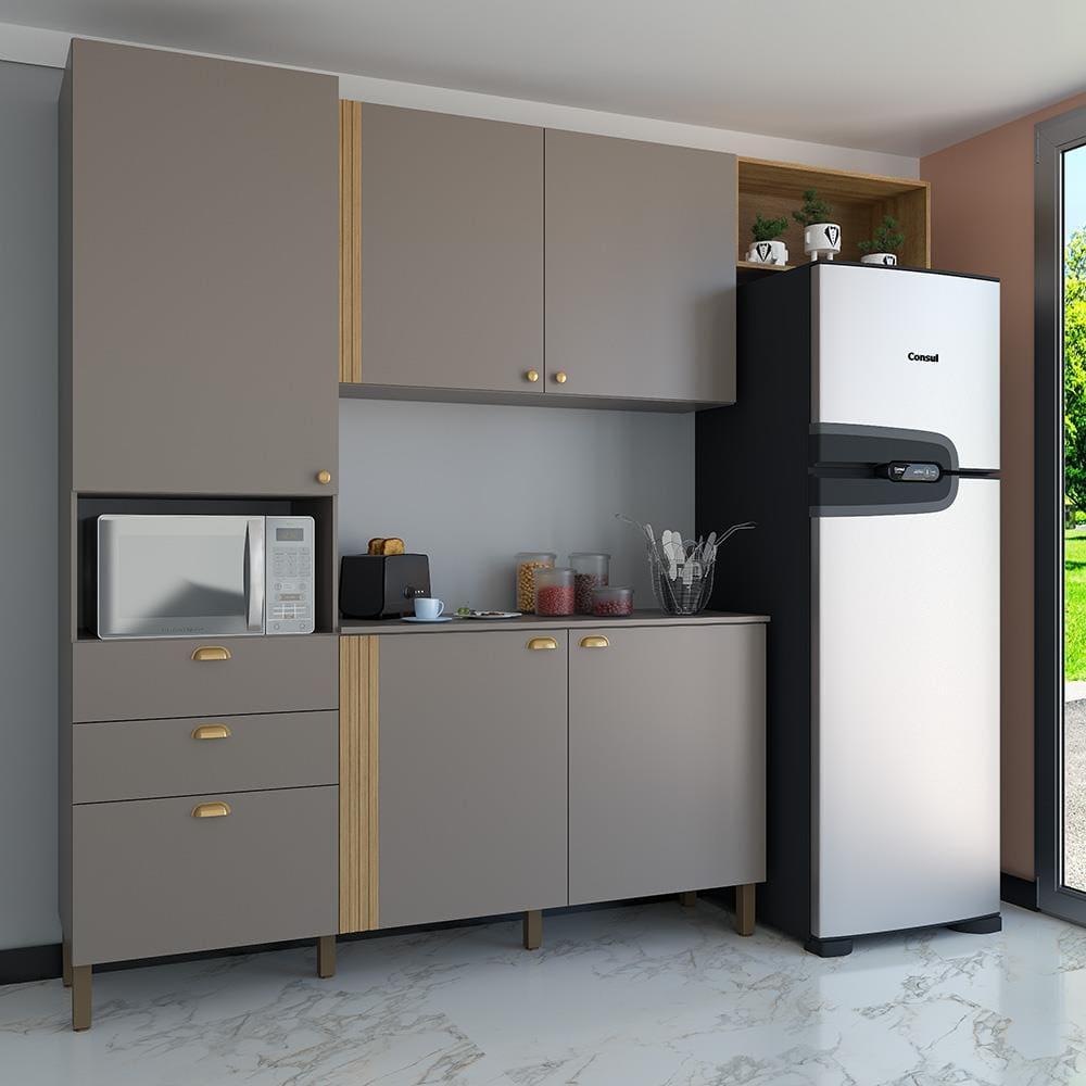 Cozinha Compacta Bartira Pérola com 5 Portas, 2 Gavetas, 1 Gavetão e 4 Prateleiras - 251cm de largura - 1