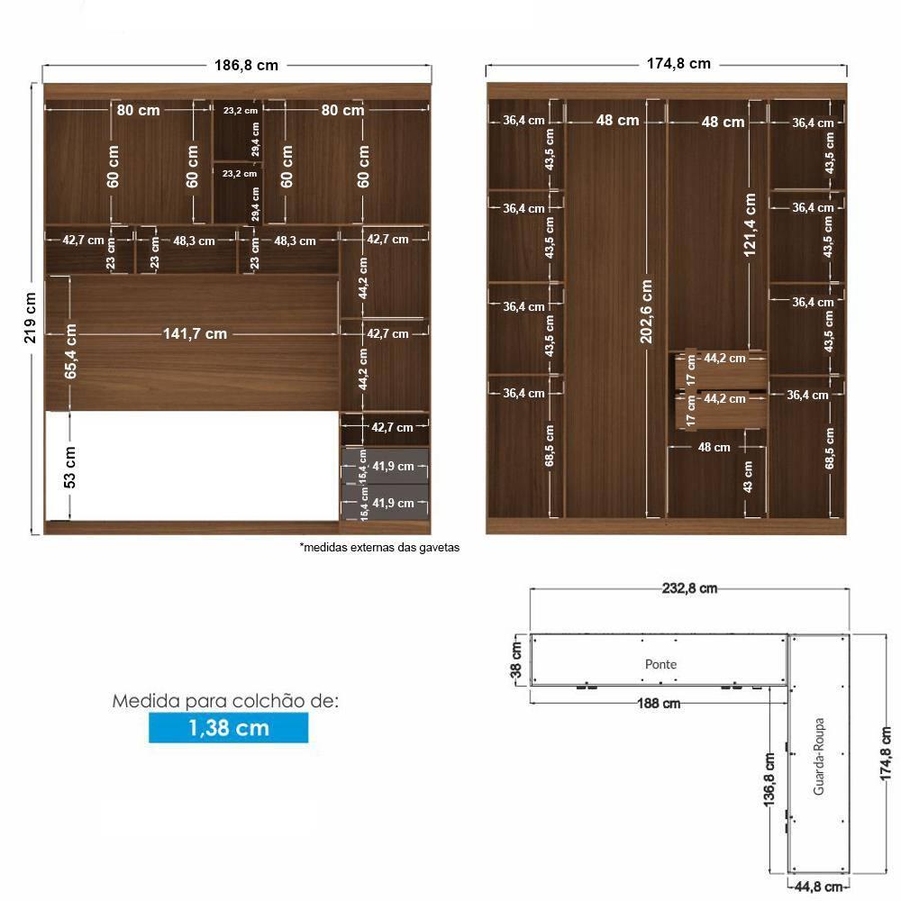 Guarda-roupa de Canto Santos Andirá Veneza 7 Portas 4 Gavetas 11 Prateleiras com Cabideiro e Maleiro Casal - 5