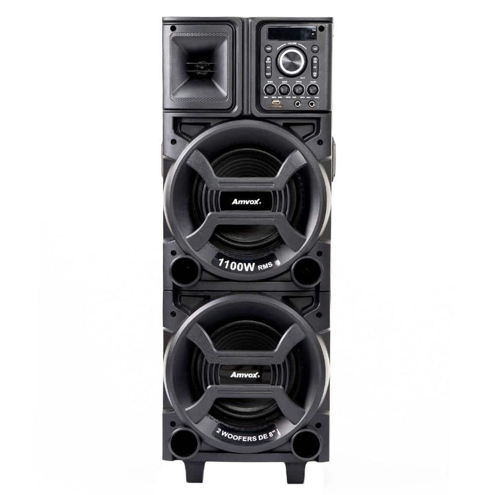 Torre de Som Amvox Duplo 8 Black ACA1101 com Luz de LED, 2 Woofers de 8", Bluetooth, Entradas UBS SD e Microfones - 1100W - 1