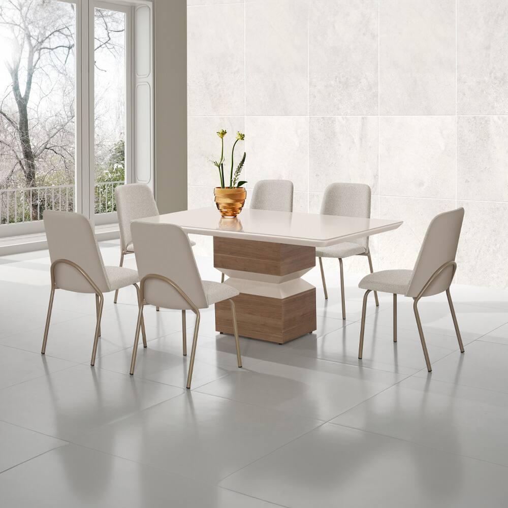 Mesa de Jantar Retangular Aço Nobre Aurora com Tampo de Vidro e 6 Cadeiras Estofadas - Champagne e Off White - 1