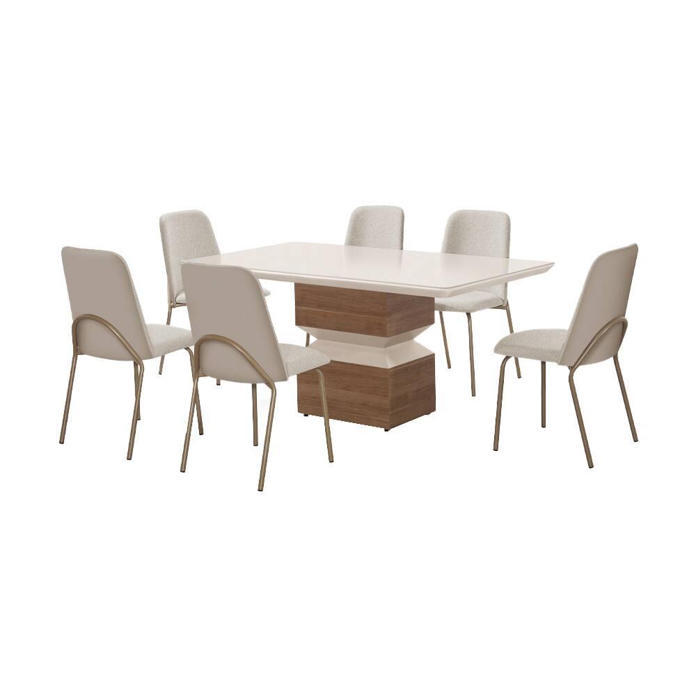 Mesa de Jantar Retangular Aço Nobre Aurora com Tampo de Vidro e 6 Cadeiras Estofadas - Champagne e Off White - 4