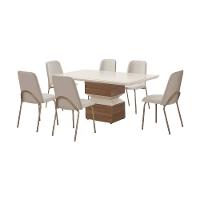 Mesa de Jantar Retangular Aço Nobre Aurora com Tampo de Vidro e 6 Cadeiras Estofadas - Champagne e Off White