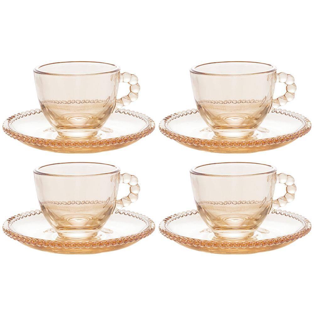 Conjunto com 4 Xícaras e Pires para Café Wolff Pearl em Cristal Âmbar - 80 ml - 1