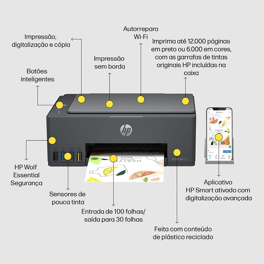 Impressora Multifuncional HP Smart Tank 581 Tanque de Tinta Colorida Wi-Fi (4A8D5A) - Impressora, Copiadora e Scanner - 4