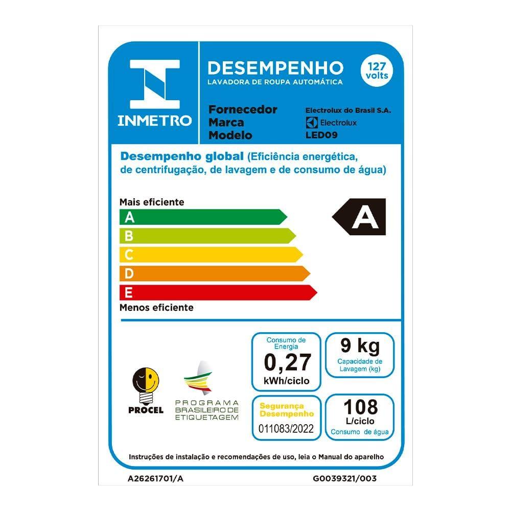 Máquina de Lavar 9kg Electrolux LED09 Efficient Care Turbo Centrifugação Branca - 8