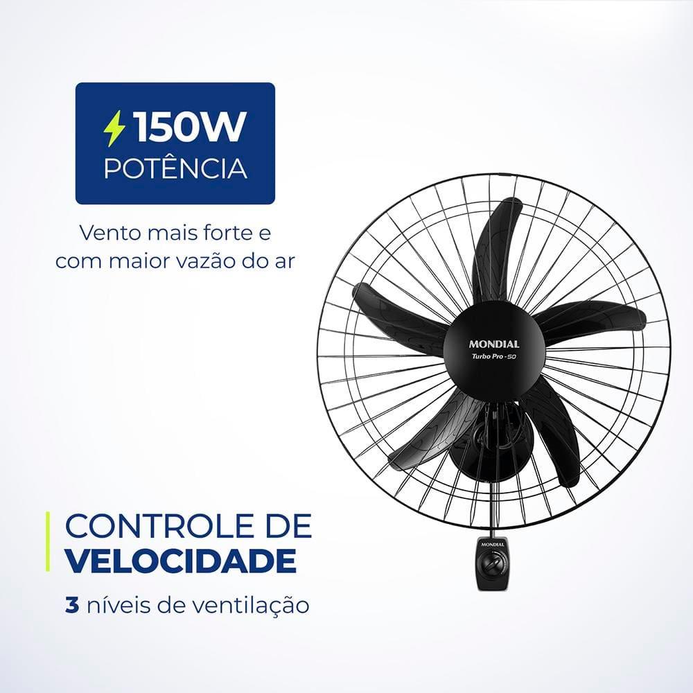 Ventilador de Parede 50cm Mondial Turbo Pro NVP com 5 Pás, 3 Velocidades - Preto - 3