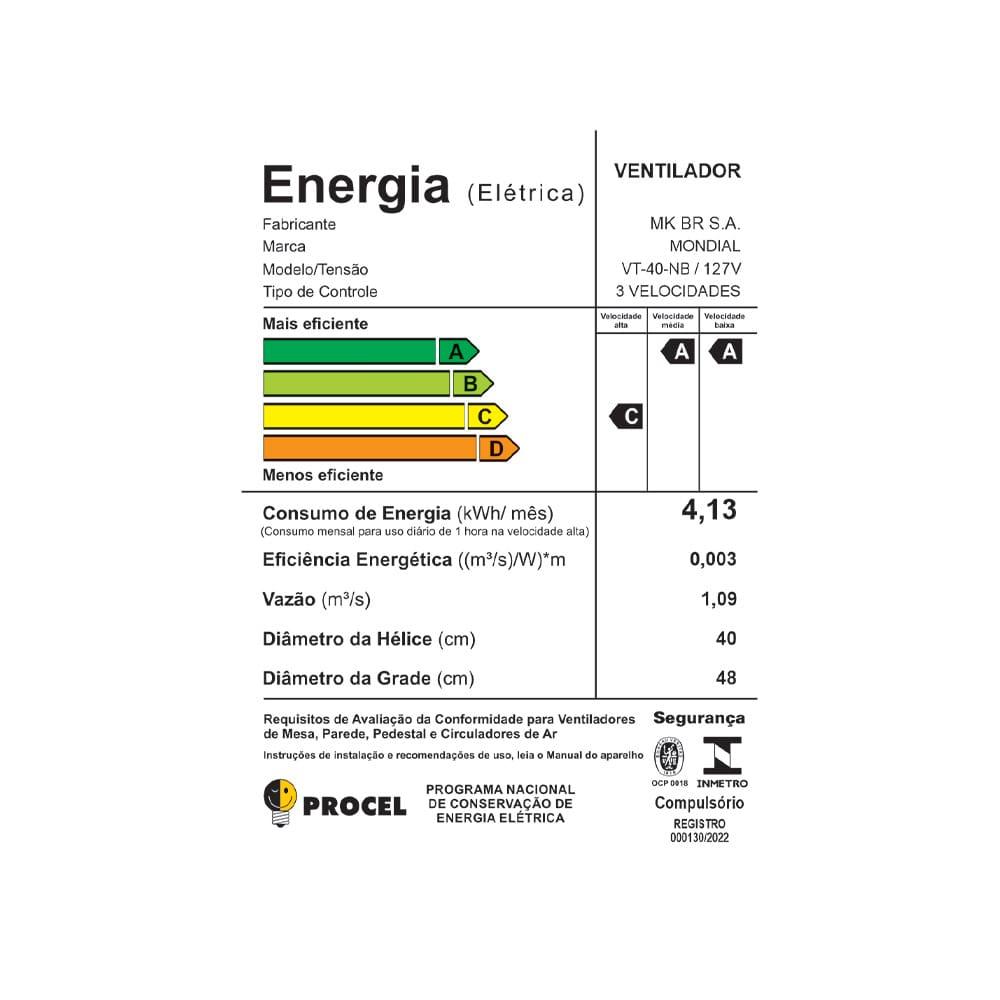 Ventilador de Mesa Mondial Turbo NVT408PB 40cm 8 Pás 3 Velocidades Preto/Prata - 7