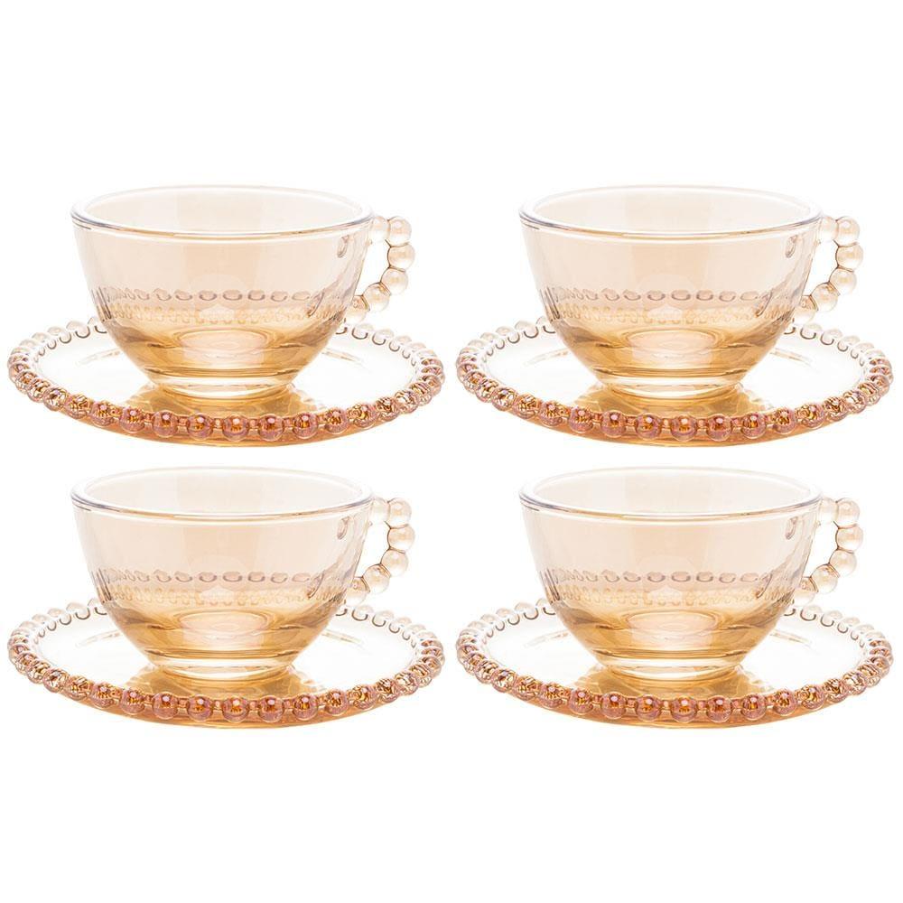 Conjunto com 4 Xícaras e Pires para Chá Wolff Pearl em Cristal Âmbar - 180 ml - 1