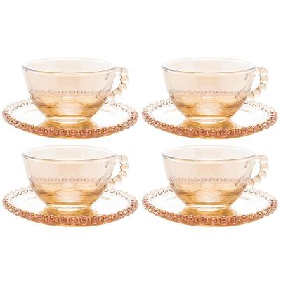 Conjunto com 4 Xícaras e Pires para Chá Wolff Pearl em Cristal Âmbar - 180 ml