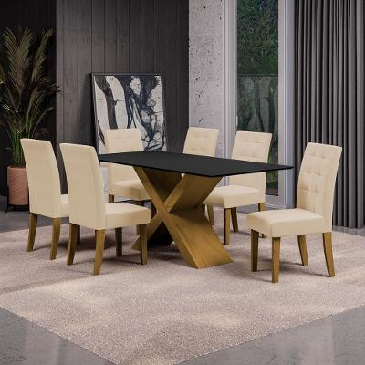 Mesa de Jantar Retangular Dobuê Dubai Light 180x90cm com 6 Cadeiras Estofadas Revestidas em Tecido Veloplus