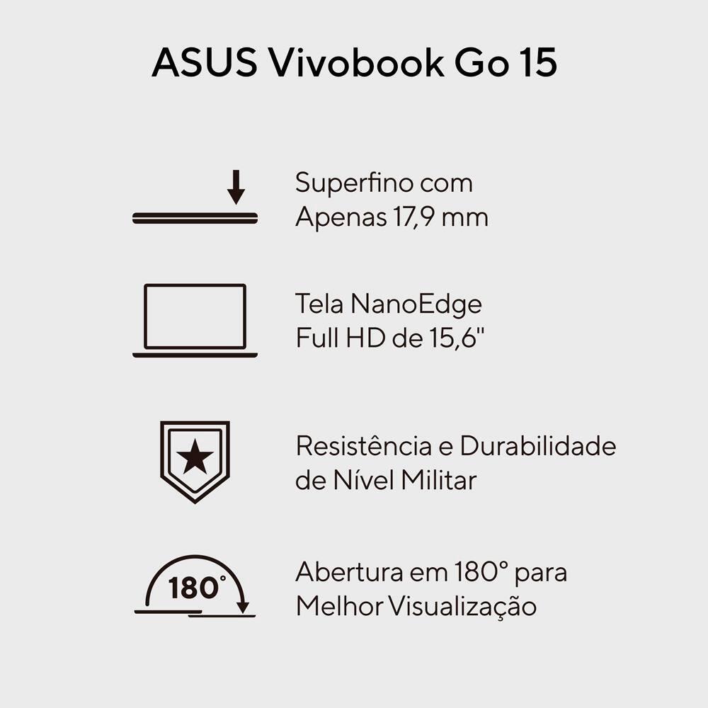 Notebook ASUS Vivobook Go 15 Intel Core i3 N305 8GB RAM 256GB SSD Tela LED Full HD 15,6” Windows 11 Home - E1504GA-NJ434W - 2